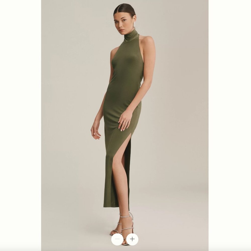 Norma Kamali Halter Turtleneck Side-Slit Stretch Jersey Midi Dress Size L Green